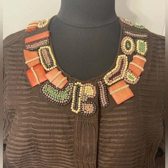 CHICO’S Textured Ribbon Stitch Chocolate Brown Beaded Jacket Size 2 / Medium‎ - Picture 2 of 9